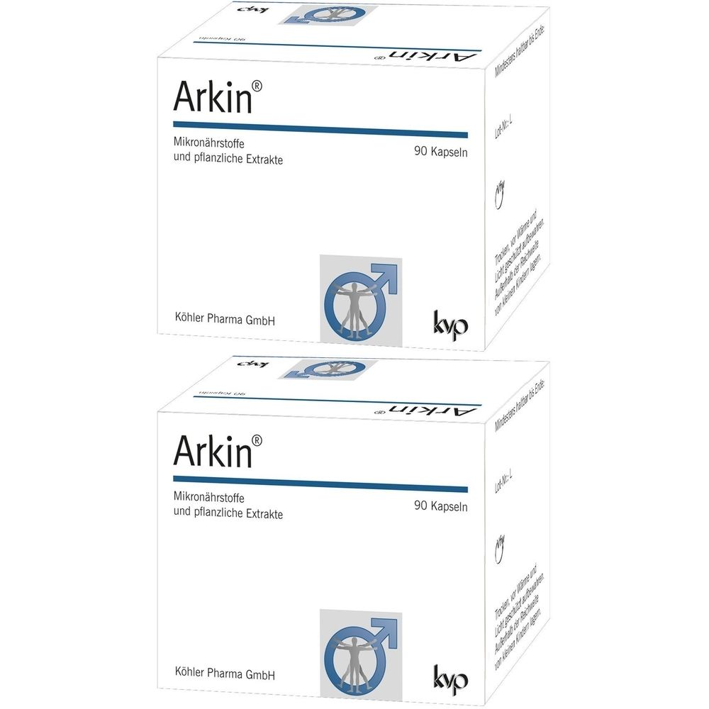 Zwei weiße Kartons mit der Aufschrift "Arkin", "Mikronährstoffe und pflanzliche Extrakte" und "90 Kapseln". Logo mit Männlichkeitszeichen.