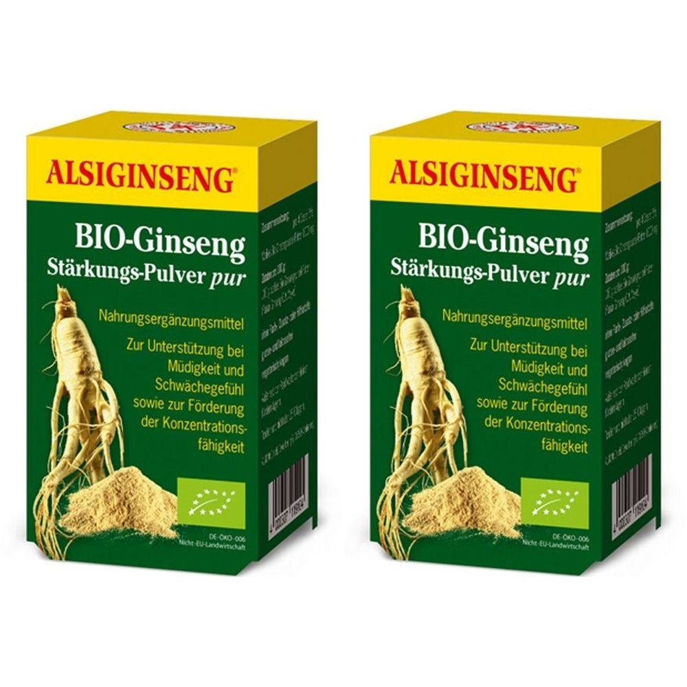Zwei rechteckige Kartons mit gelber Oberseite und grüner Vorderseite. Aufschrift: ALSIGINSENG, BIO-Ginseng Stärkungs-Pulver pur.