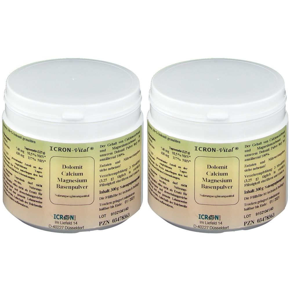 Zwei weiße Dosen mit Deckel. Aufschrift: ICRON-Vital Dolomit Calcium Magnesium Basenpulver. Etiketten mit Text und Logo.