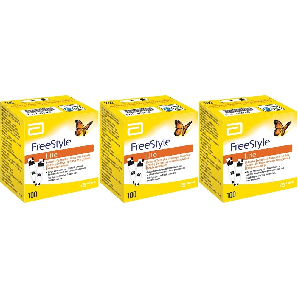 Drei gelbe Kartons mit der Aufschrift "FreeStyle Lite". Jede Packung enthält 100 Teststreifen. Abgebildet sind ein Schmetterling und das Abbott-Logo.