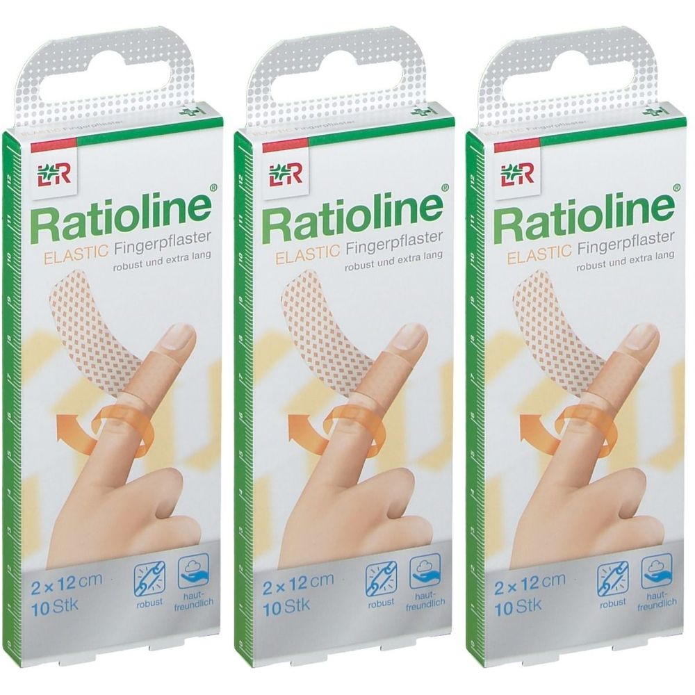 Drei Packungen Ratioline® Fingerpflaster. Jede Packung zeigt ein Fingerpflaster auf einem Finger. Aufdruck: 2 x 12 cm, 10 Stück.