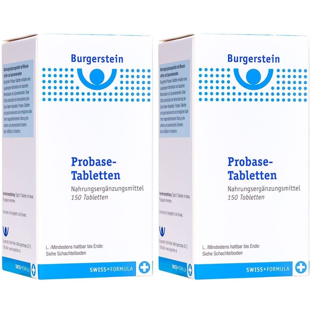 Zwei weiße Schachteln mit blauer Schrift. Aufschrift: Burgerstein, Probase-Tabletten, Nahrungsergänzungsmittel, 150 Tabletten. Swiss Formula.