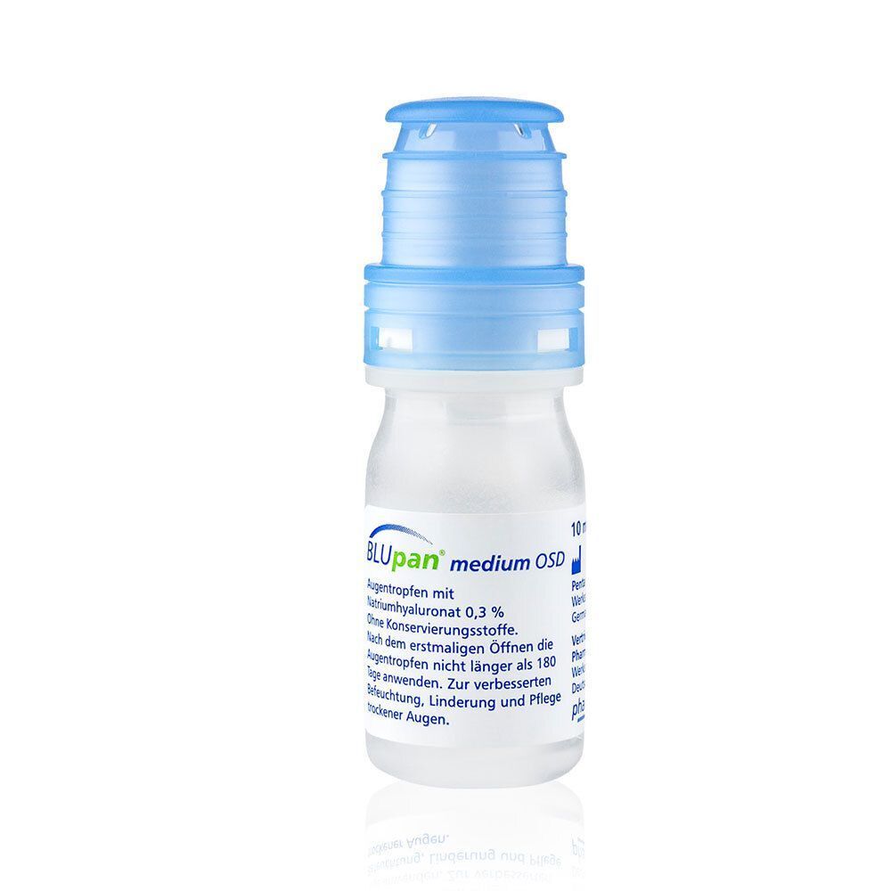 BLUpan® medium OSD Augentropfen Flasche mit blauem Applikator. Enthält Natriumhyaluronat 0,3%.