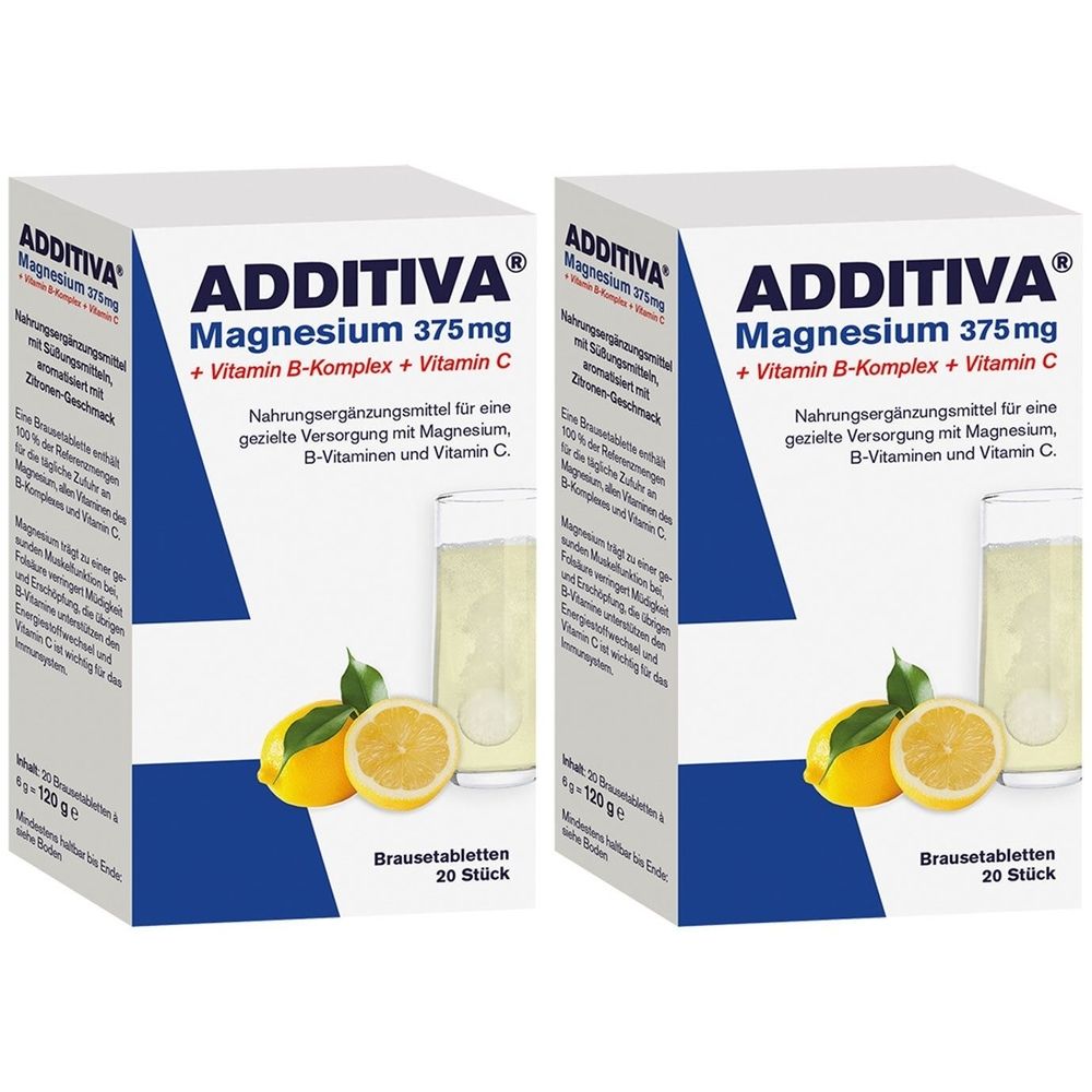Zwei Kartons mit Produktinformationen. Aufschrift: ADDITIVA Magnesium 375mg + Vitamin B-Komplex + Vitamin C. Brausetabletten.