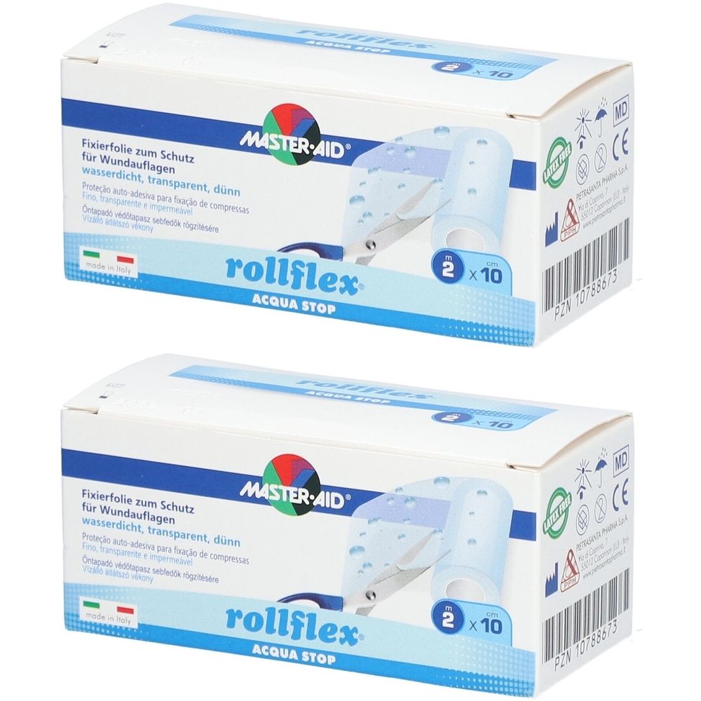 Zwei Kartons mit Fixierfolie. Aufschrift: rollflex ACQUA STOP, MASTER-AID. Enthält 2 Rollen mit je 10 Stück. CE-Zeichen.