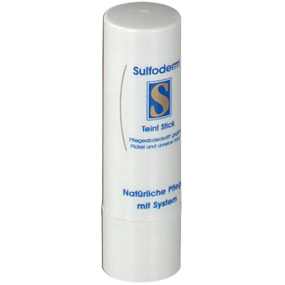 Weißer Teint Stick. Produktname und Logo. Text: Pflegeabdeckung gegen Pickel und unreine Haut.