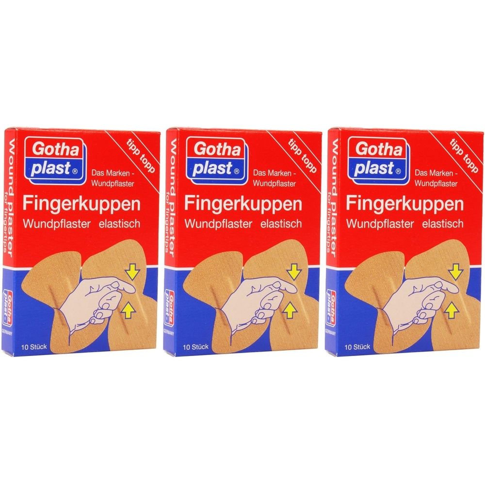 Drei Schachteln Gothaplast® Fingerkuppenpflaster. Rote Verpackung mit Produktname und Abbildung. Aufschrift: Wundpflaster elastisch, 10 Stück.