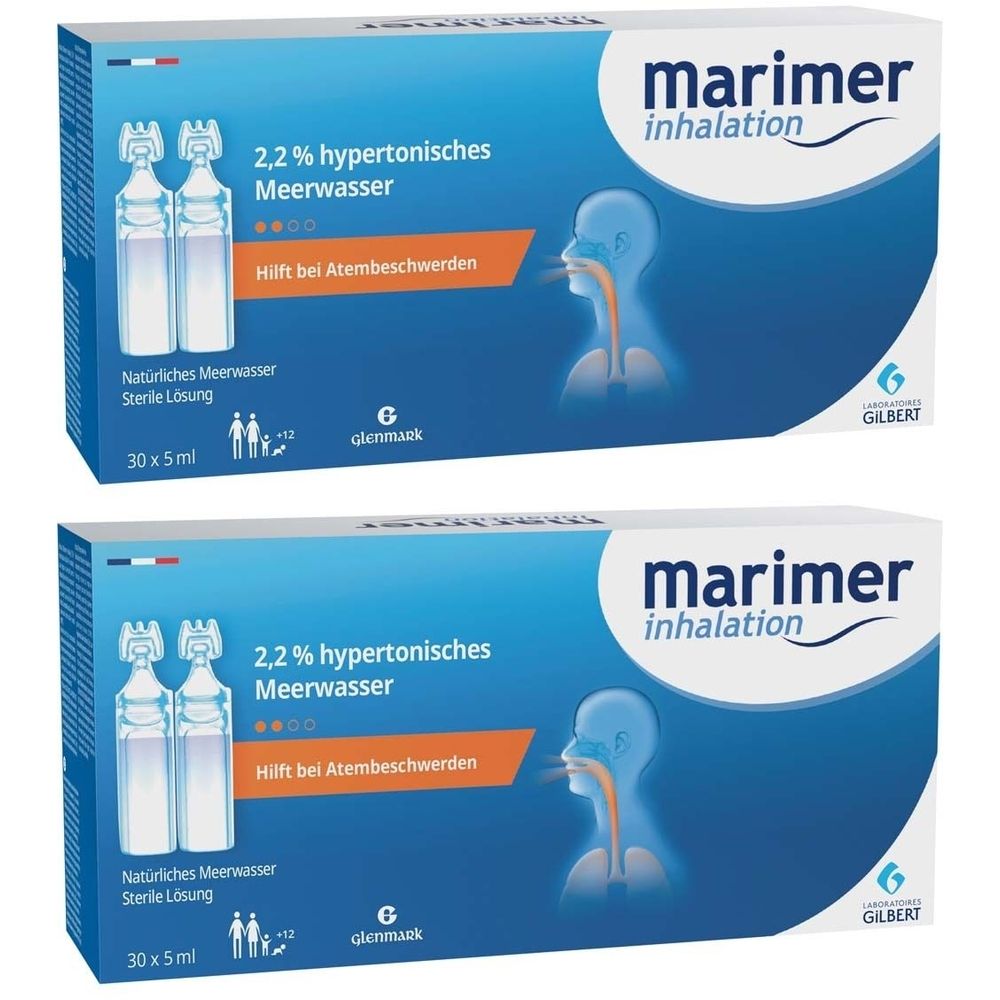 Zwei Schachteln mit MARIMER Inhalation. Aufschrift: 2,2 % hypertonisches Meerwasser. Hilft bei Atembeschwerden. Enthält 30 x 5ml sterile Lösung.
