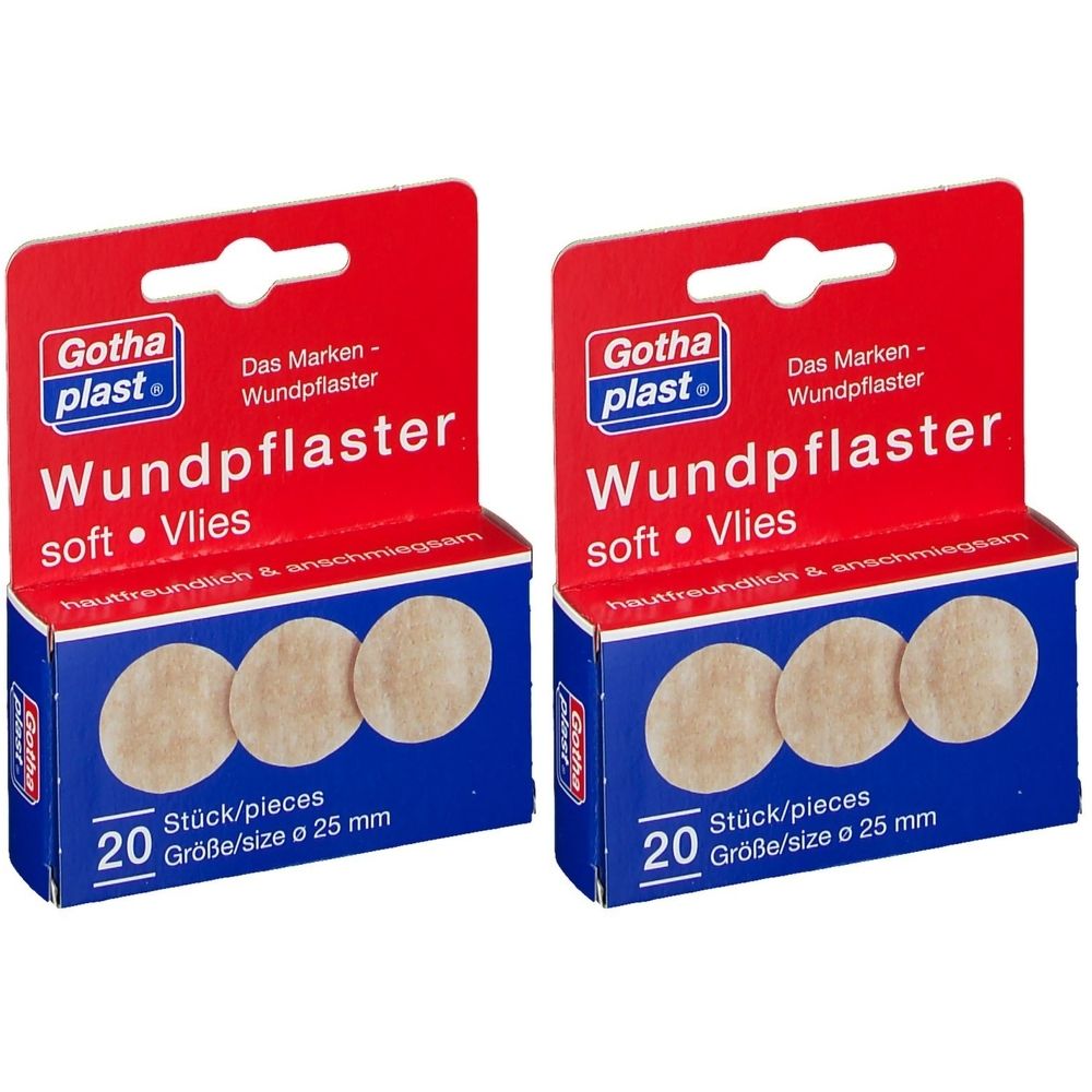 Zwei Packungen Wundpflaster. Jede Packung enthält 20 runde Pflaster, Durchmesser 25 mm. Marke: Gothaplast.