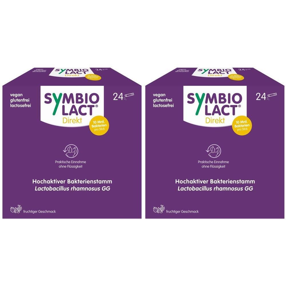 Zwei Packungen SymbioLact Direkt mit je 24 Sticks. Laktose- und glutenfrei.