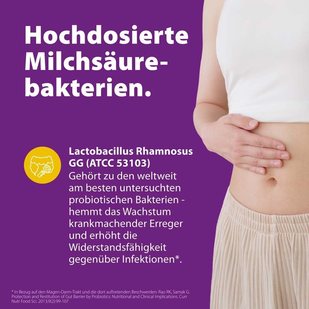 Frau hält Bauch. SymbioLact Direkt mit Lactobacillus rhamnosus GG. Gut für Darm und Immunsystem.