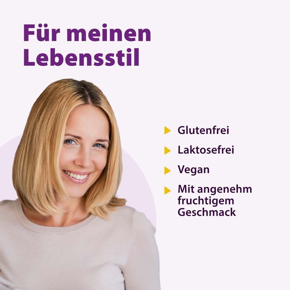 Frau lächelt. SymbioLact Direkt ist glutenfrei, laktosefrei, vegan und fruchtig.