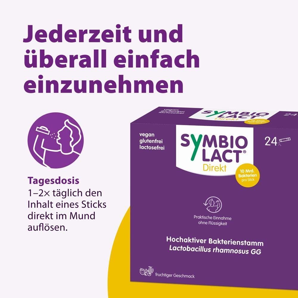 SymbioLact Direkt Packung und Stick-Symbol. Einfach einzunehmen, 1-2 Sticks täglich.
