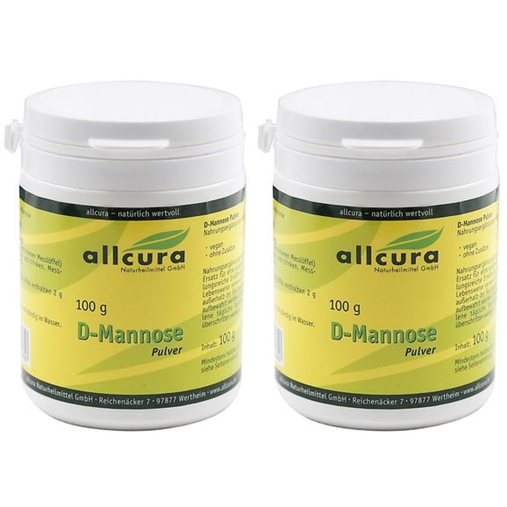 Zwei weiße Dosen mit Deckel. Auf gelbem Etikett steht "allcura D-Mannose Pulver 100 g".