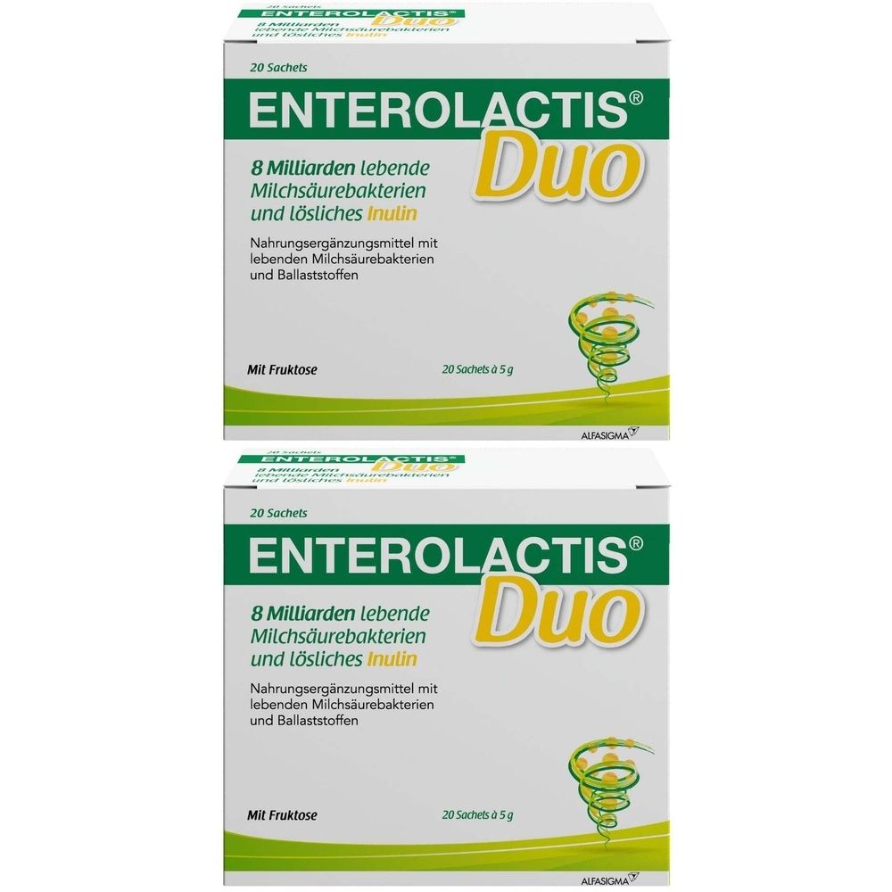 Zwei Schachteln Enterolactis Duo. Aufschrift: 8 Milliarden lebende Milchsäurebakterien und lösliches Inulin. 20 Sachets.