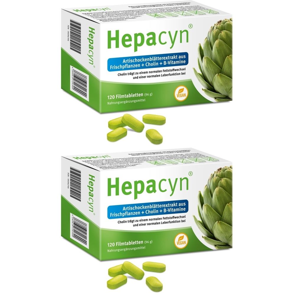 Zwei Schachteln Hepacyn. Aufschrift: Artischockenblätterextrakt, Cholin, B-Vitamine. 120 Filmtabletten. Vegan-Siegel. Grüne Tabletten liegen davor.