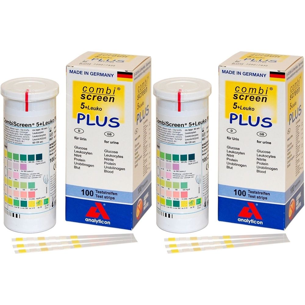 Mehrere Packungen und Behälter mit Teststreifen. Aufschrift: CombiScreen 5+Leuko PLUS. Enthält 100 Teststreifen.