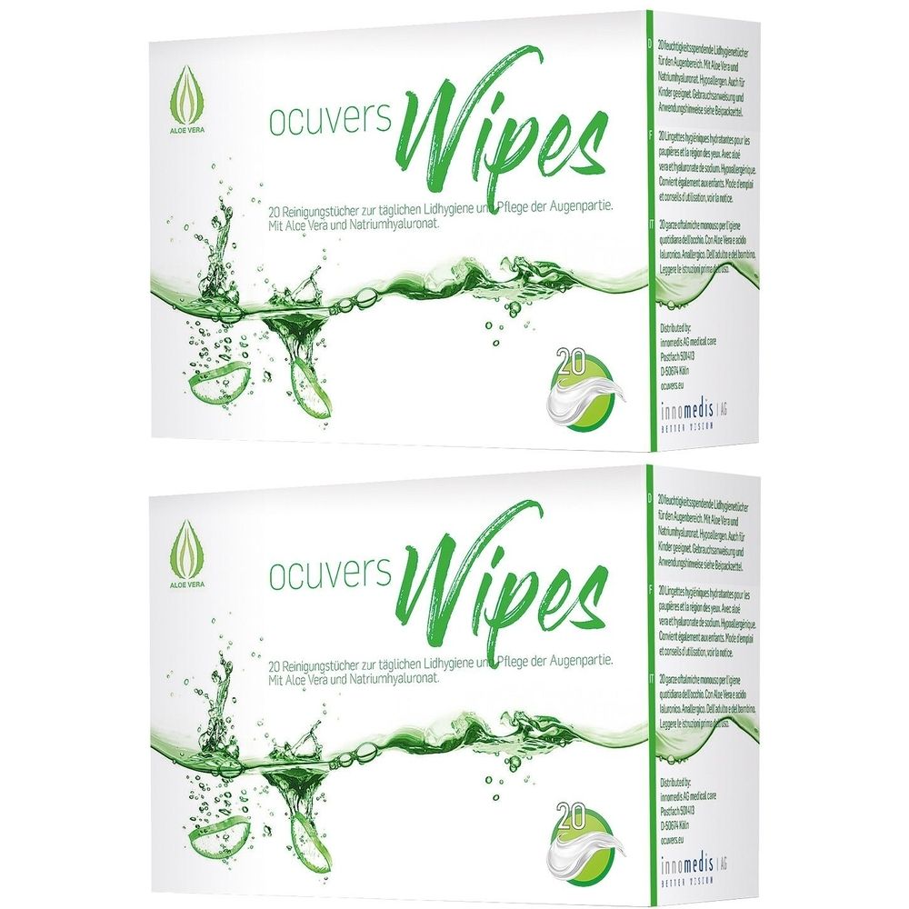 Zwei weiße Kartons mit grüner Aufschrift. Ocuvers Wipes Schriftzug. 20 Reinigungstücher. Aloe Vera und Hyaluronsäure.