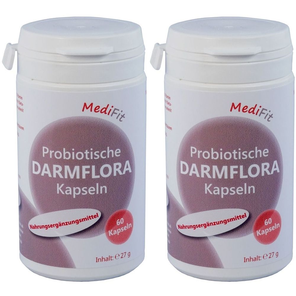 Zwei weiße Kunststoffdosen mit Deckel und Aufschrift MediFit, Probiotische Darmflora Kapseln. Enthält 60 Kapseln.