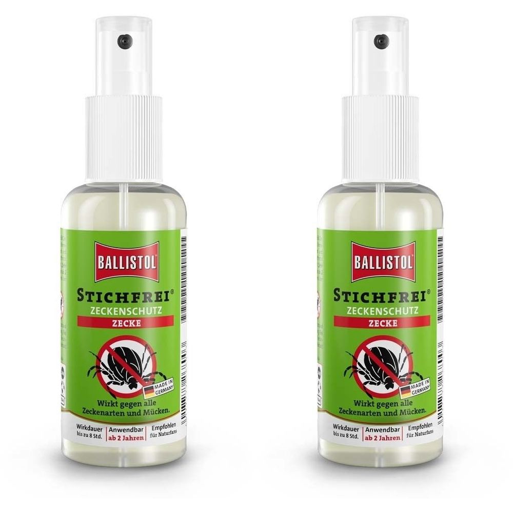 Zwei Sprühflaschen mit grün-weißem Etikett. Aufschrift: BALLISTOL STICHFREI Zeckenschutz. Schwarze Zecke mit rotem Strich. Sprühkopf.