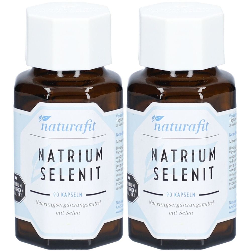 Zwei braune Flaschen mit weißen Deckeln. Auf den Etiketten steht "Naurafit Natrium Selenit", 90 Kapseln. Nahrungsergänzungsmittel.