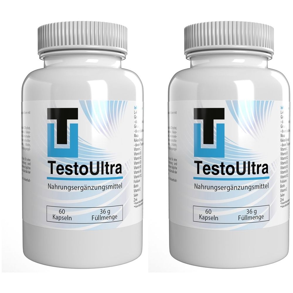 Zwei weiße Flaschen mit Schraubverschluss. Auf dem Etikett steht "TestoUltra", "Nahrungsergänzungsmittel", "60 Kapseln" und "36 g Füllmenge".