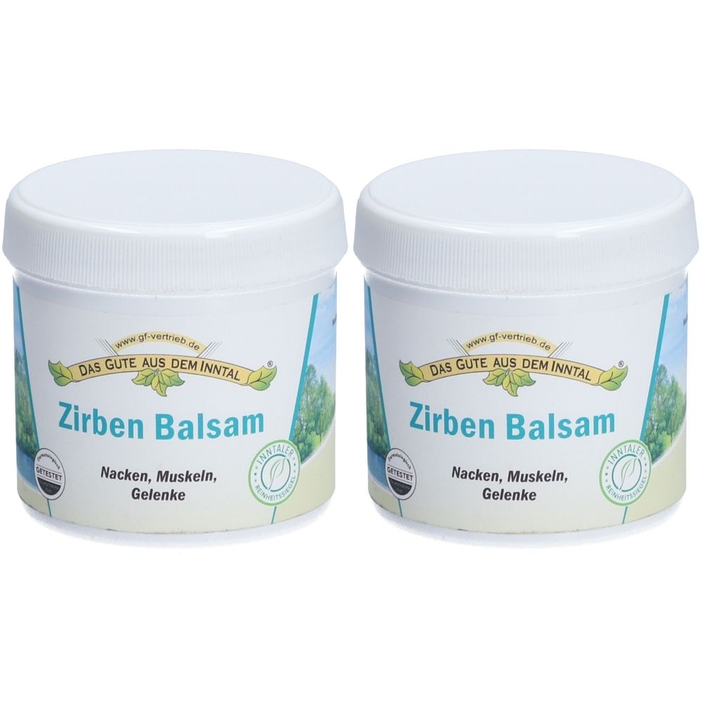 Zwei weiße Tiegel mit Deckel. Aufschrift: Zirben Balsam, Nacken, Muskeln, Gelenke. Logo: Das Gute aus dem Inntal.