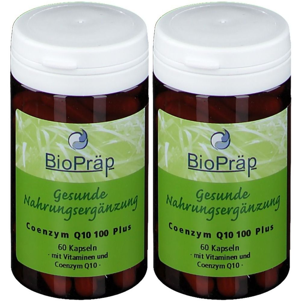 Zwei braune Flaschen mit weißen Deckeln. Auf den Etiketten steht "BioPräp", "Gesunde Nahrungsergänzung" und "Coenzym Q10 100 Plus".