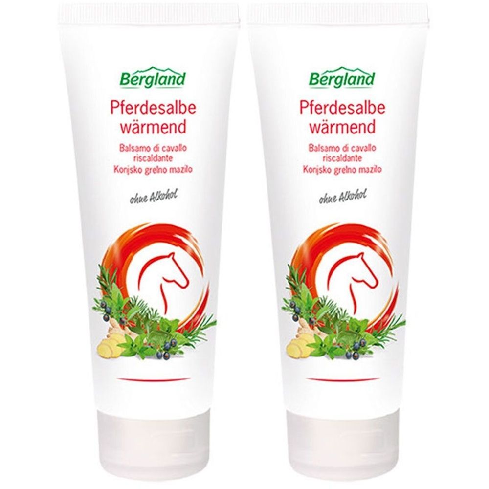 Zwei Tuben mit weißem Hintergrund. Aufschrift: Bergland Pferdesalbe wärmend. Logo: Pferdekopf in rotem Kreis.