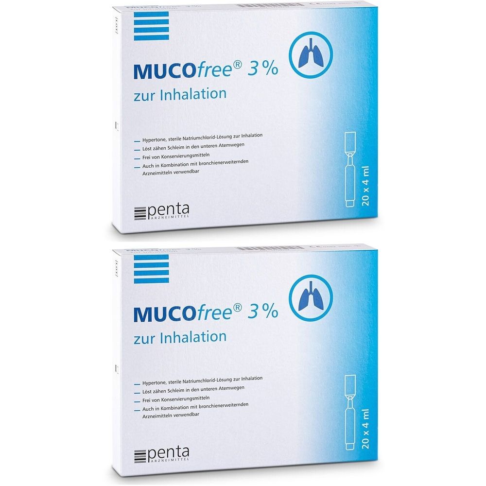 Zwei Packungen MUCOfree® 3% zur Inhalation. Blaue und weiße Verpackung mit Produktnamen, Lungen-Symbol und Ampullen-Abbildung.