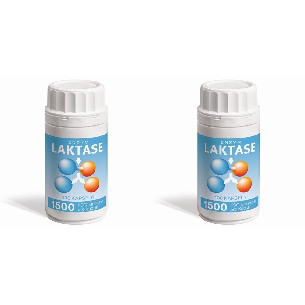 Zwei weiße Flaschen mit blau-weißem Etikett. Aufschrift: Laktase, 1500, Enzym Kapseln. Oben weißer Schraubverschluss.