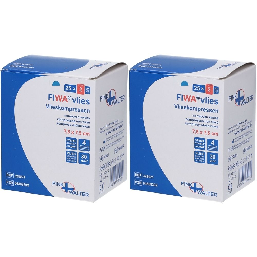 Zwei quadratische Kartons mit der Aufschrift FIWA vlies Vlieskompressen 7,5 x 7,5 cm. Verpackung mit 25 x 2 Stück. Marke FINK WALTER.