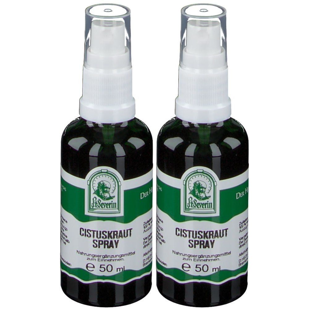Zwei Sprühflaschen mit weißem Sprühkopf und grüner Flüssigkeit. Etikett mit Logo und Schriftzug Cistuskraut Spray. 50 ml.