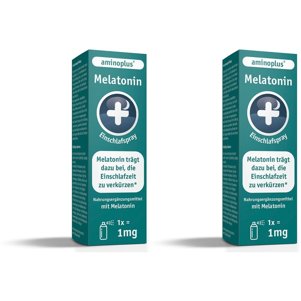 Zwei Packungen aminoplus® Melatonin Einschlafspray. Türkisgrüne Schachteln mit weißer Schrift und Logo. Enthält 1mg Melatonin.