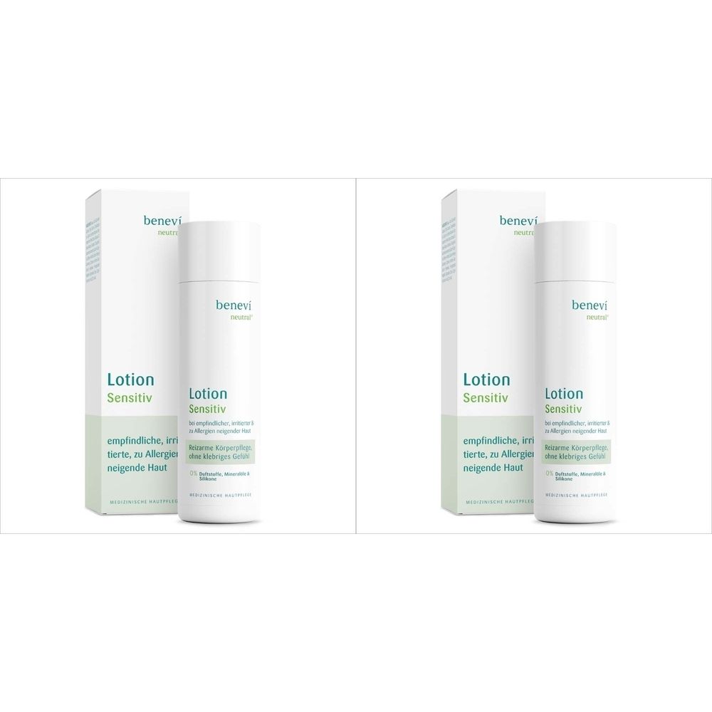 Zwei Flaschen und Verpackungen. Aufschrift: Lotion Sensitiv. Marke: benevi. Weiße Flaschen und Verpackungen mit grünen Akzenten.