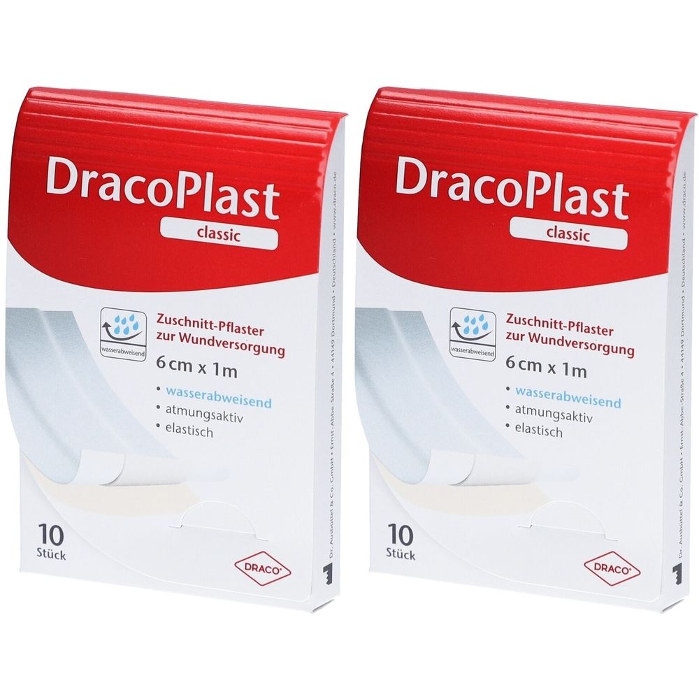 Zwei Packungen DracoPlast Classic Pflaster. Weiße Verpackung mit rotem Deckel. Enthält 10 Stück, 6 cm x 1 m, zuschneidbar, wasserabweisend.
