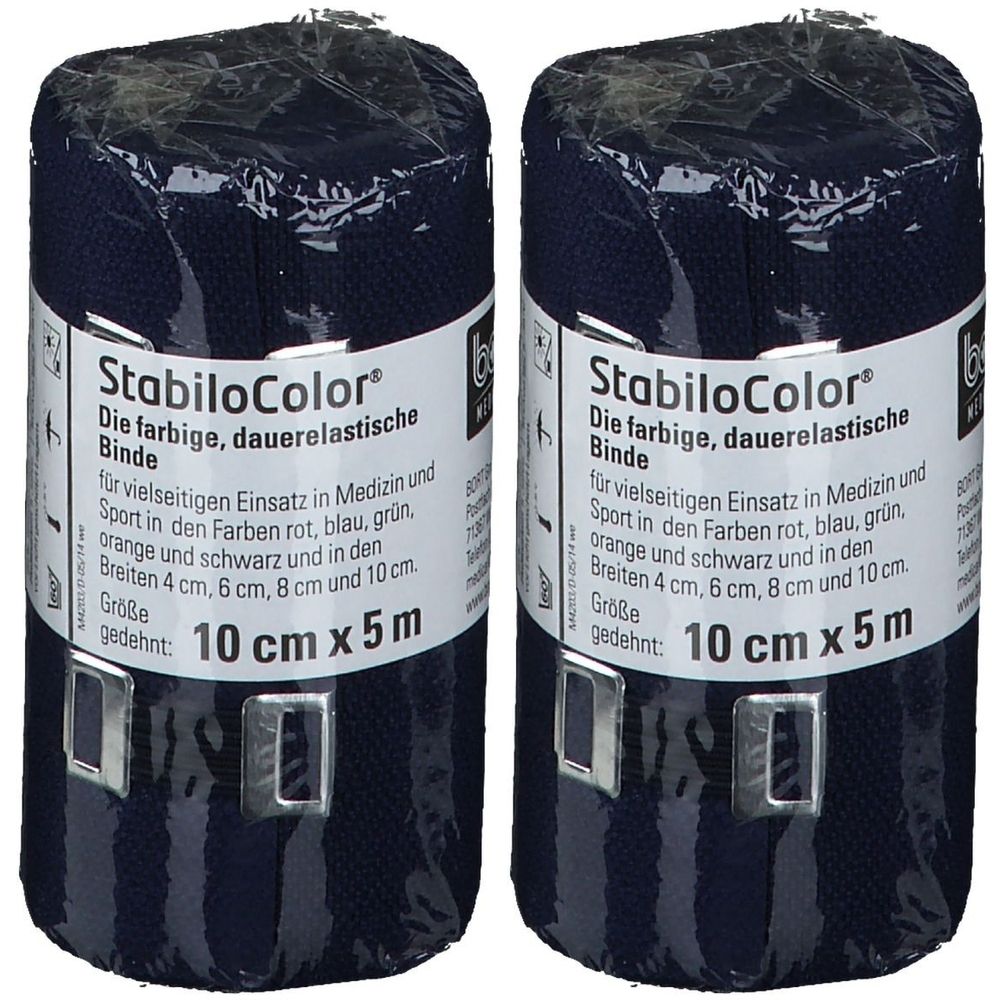 Zwei Rollen Binde, blau, in Folie verpackt. Aufschrift: StabiloColor, 10 cm x 5 m. Für Medizin und Sport.