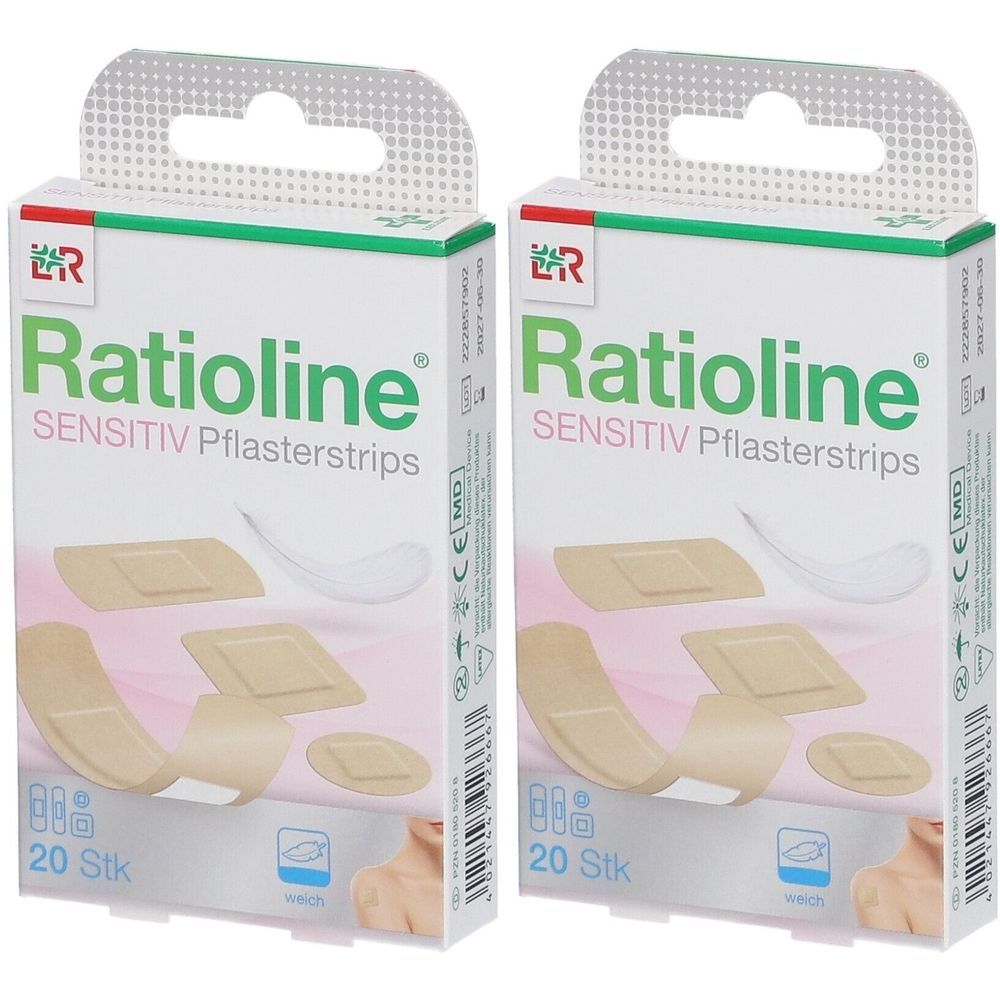 Zwei Packungen Ratioline® sensitive Pflasterstrips. Aufdruck: 20 Stk. Verschiedene Pflasterformen abgebildet.