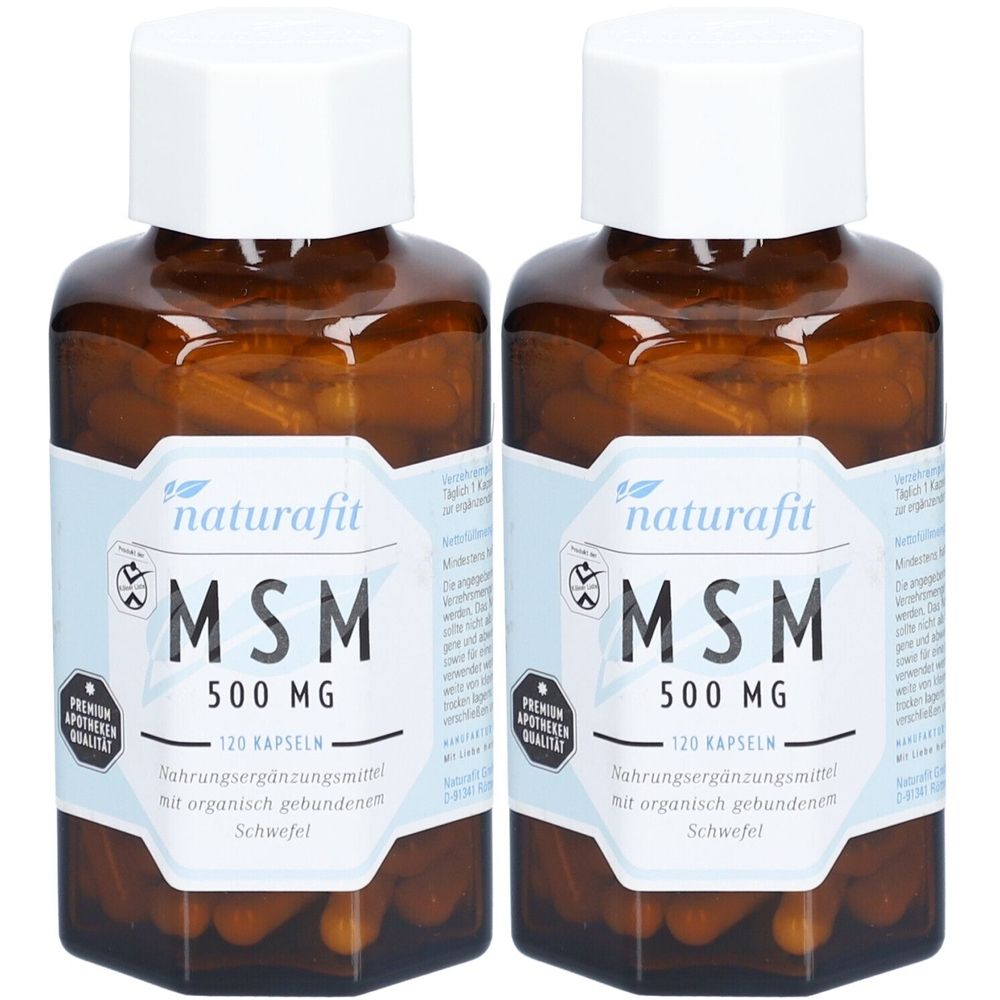 Zwei braune Flaschen mit weißen Deckeln. Auf den Etiketten steht "naturafit MSM 500 MG". Enthält 120 Kapseln.