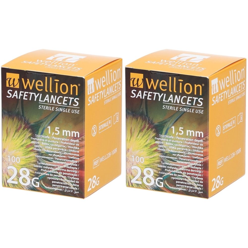 Zwei orangefarbene Kartons mit der Aufschrift "wellion SAFETYLANCETS". Aufdrucke: 1,5 mm, 28G, 100 Stück, sterile Einzelverwendung.