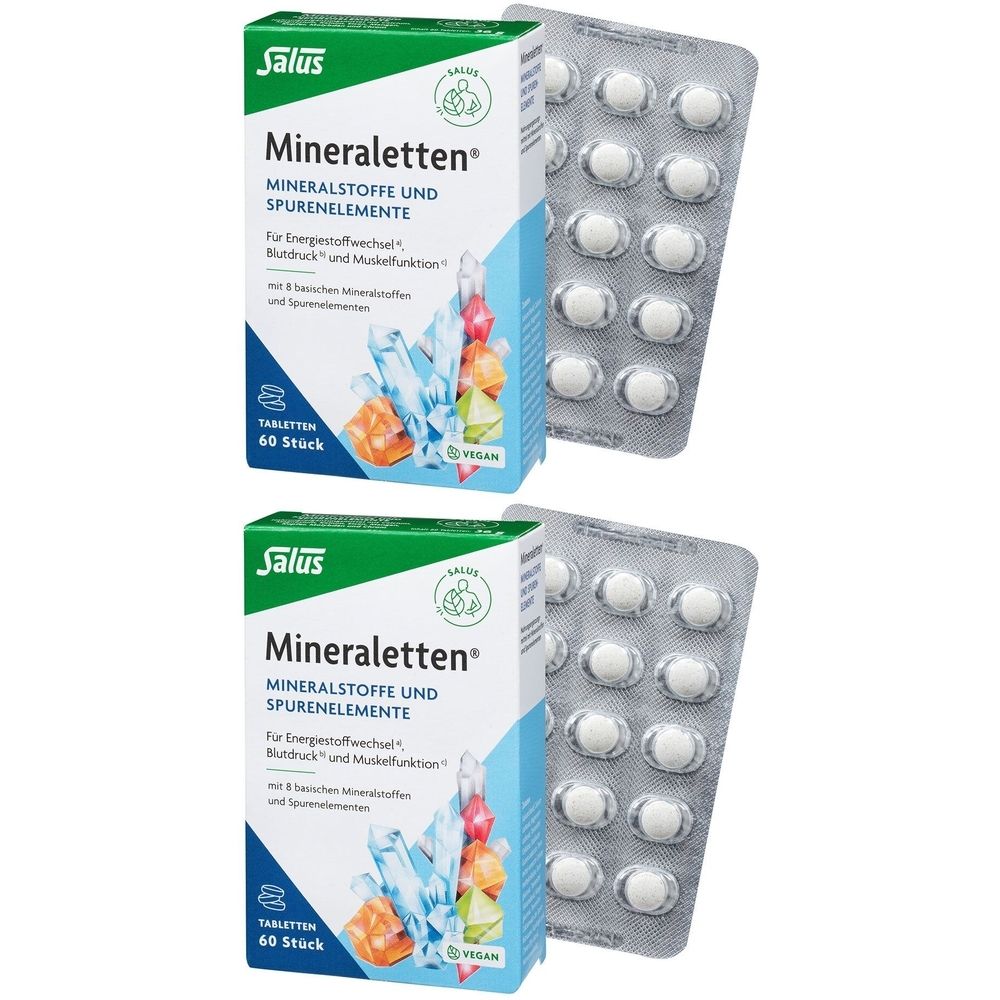 Zwei Packungen Mineraletten mit Tabletten und Blistern. Aufschrift: Mineralstoffe und Spurenelemente. 60 Tabletten, vegan.