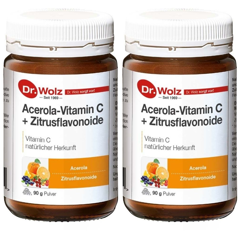 Zwei Dosen Dr. Wolz Acerola-Vitamin C + Zitrusflavonoide. Braune Gläser mit weißem Deckel und Etikett. Aufschrift: Vitamin C natürlicher Herkunft, 90 g Pulver.