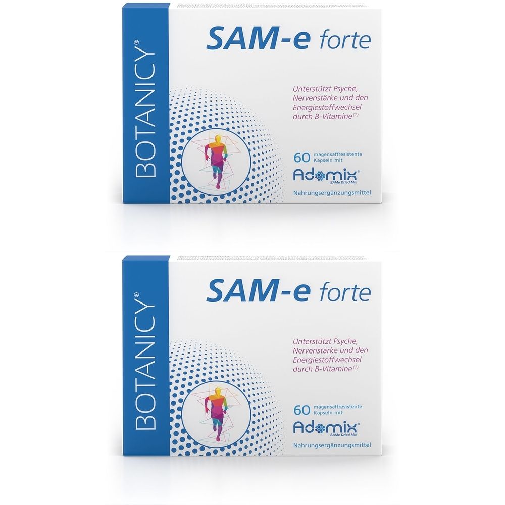 Zwei weiße Schachteln mit blauen Akzenten. Aufschrift: SAM-e forte, Botanicy, 60 Kapseln mit Ademix. Abbildung eines Läufers.