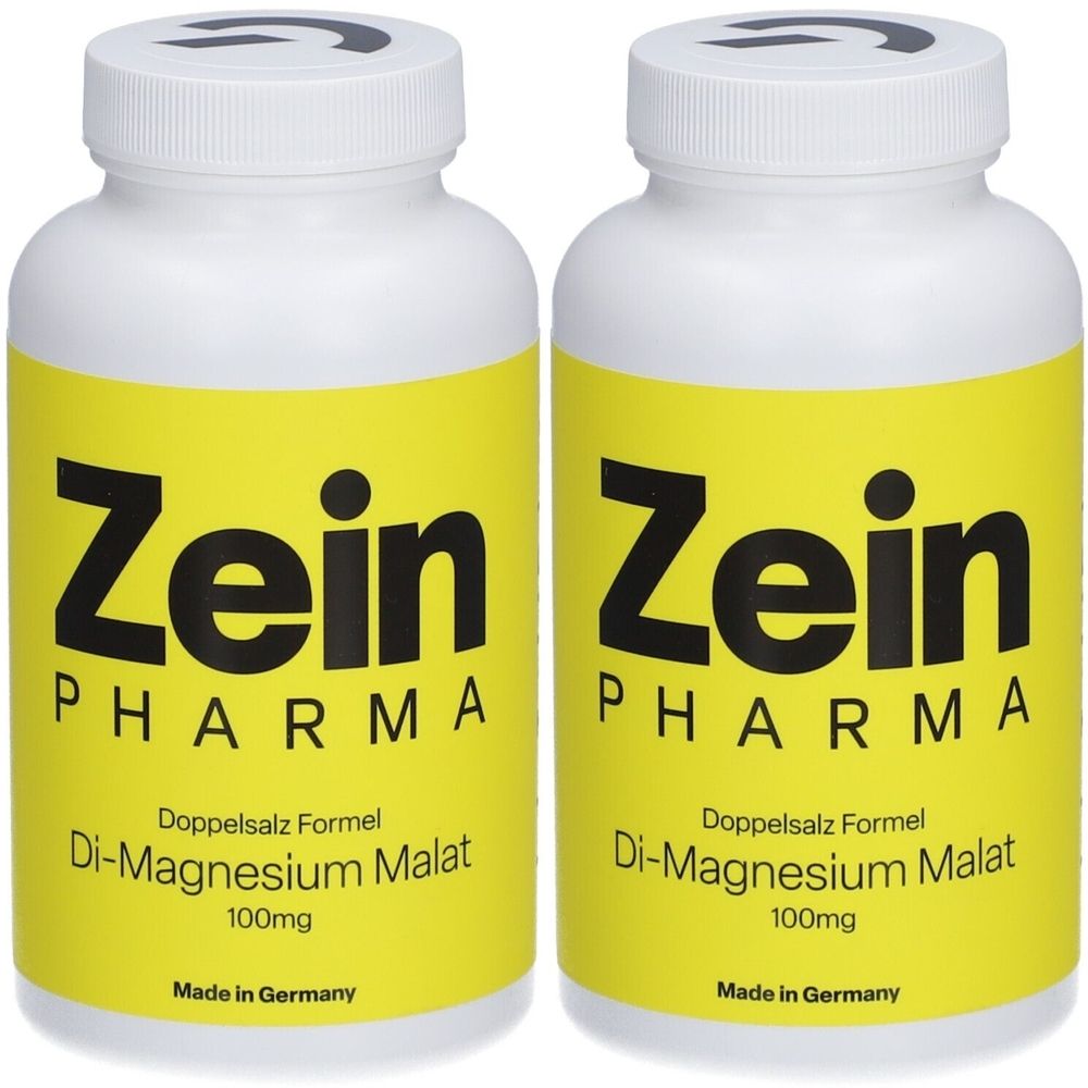 Zwei weiße Flaschen mit gelben Etiketten. Auf den Etiketten steht "Zein Pharma" und "Di-Magnesium Malat".
