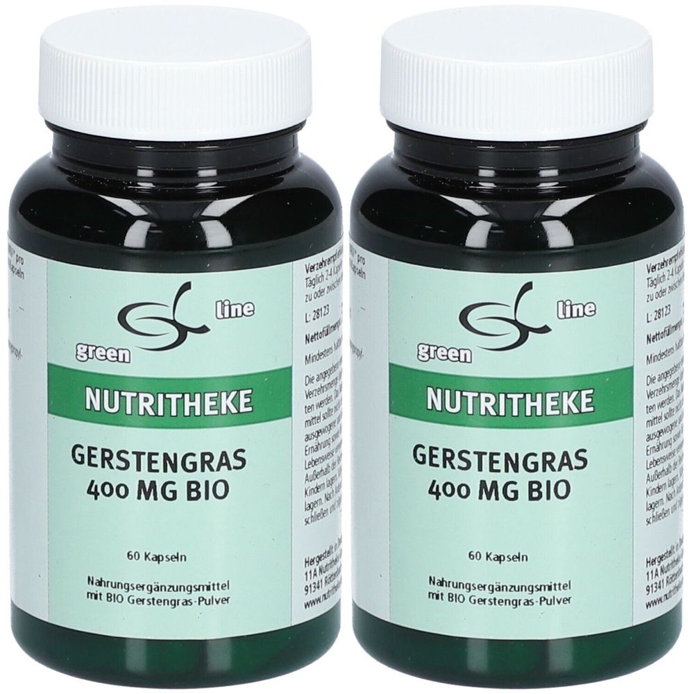 Zwei grüne Flaschen mit weißen Deckeln. Aufschrift: NUTRITHEKE GERSTENGRAS 400 MG BIO. 60 Kapseln. Nahrungsergänzungsmittel.