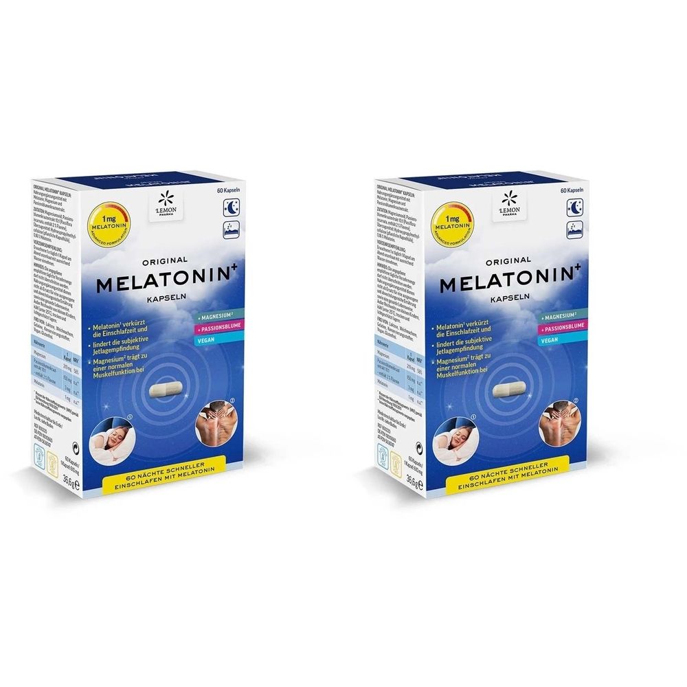 Zwei Schachteln Original Melatonin+ Kapseln. Weiße Verpackung mit blauen und gelben Akzenten. Text: Original Melatonin+ Kapseln, 1mg Melatonin.