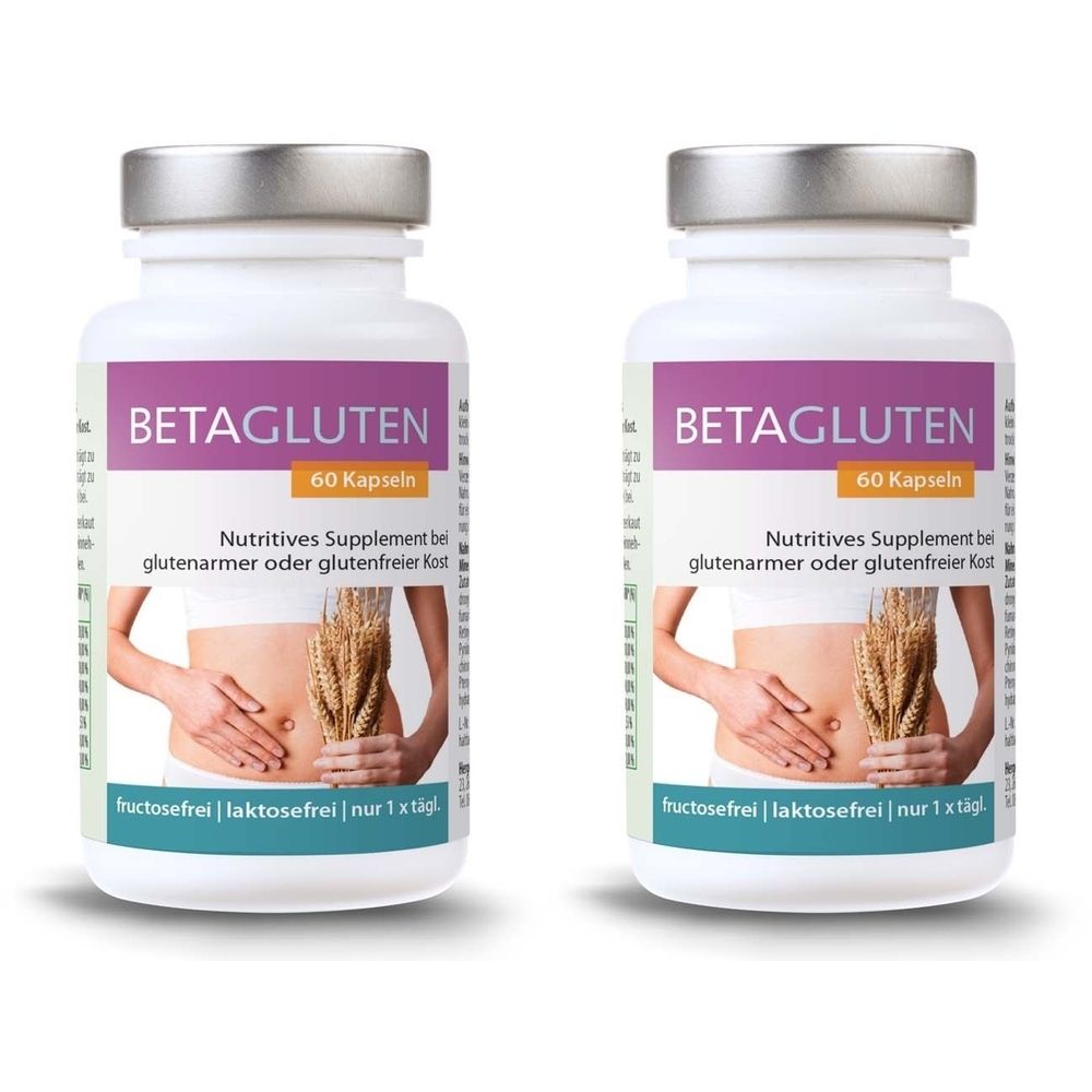Zwei weiße Flaschen mit silbernen Deckeln. Auf jeder Flasche steht „BETAGLUTEN“ und „60 Kapseln“. Darunter Text und ein Bild.