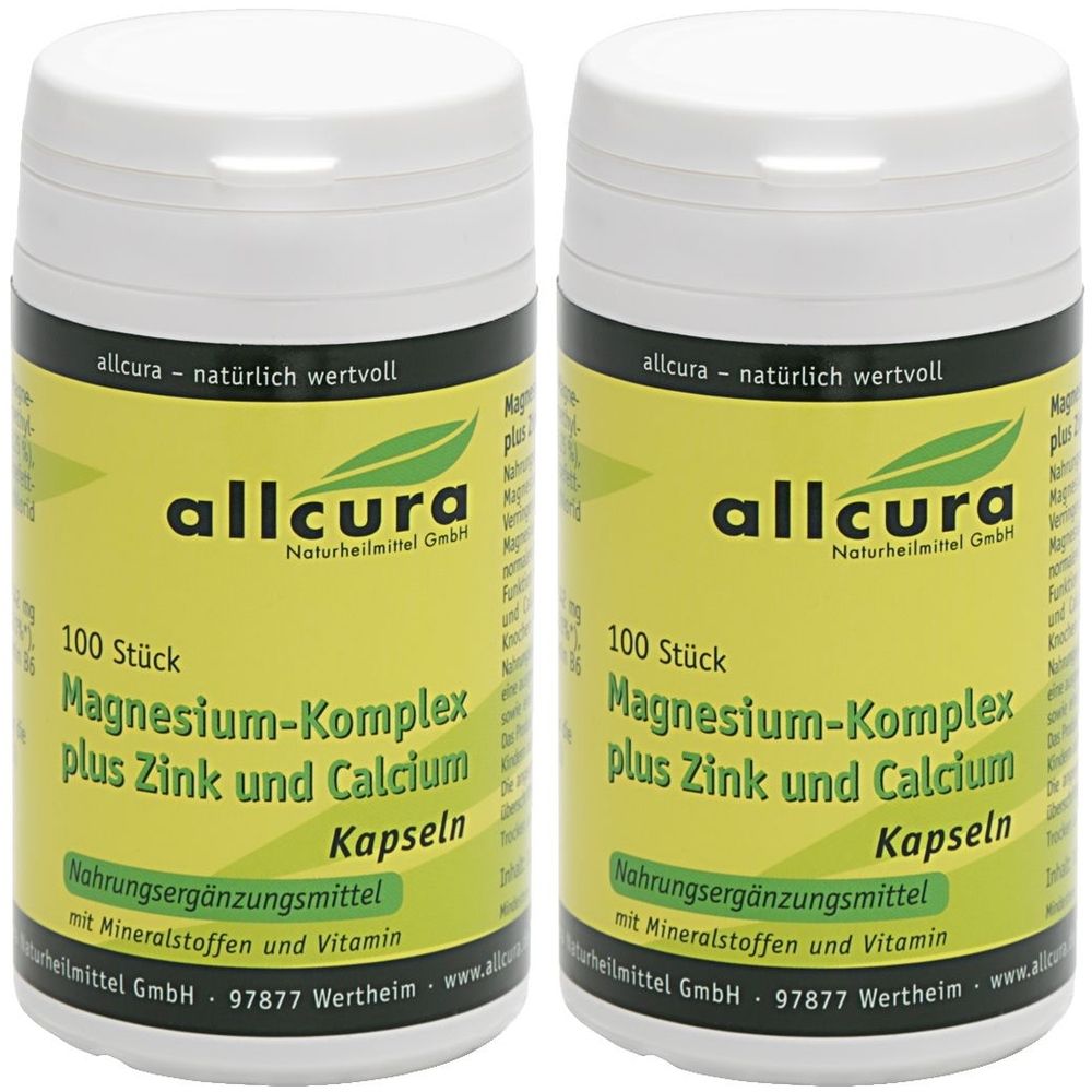 Zwei weiße Flaschen mit gelben Etiketten. Aufschrift: allcura Magnesium-Komplex plus Zink und Calcium Kapseln. 100 Stück.