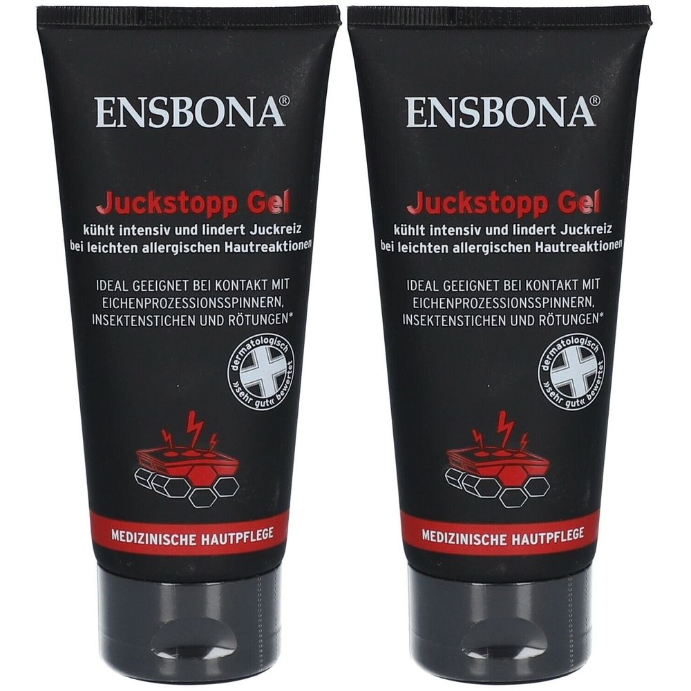 Zwei schwarze Tuben ENSBONA Juckstopp Gel. Aufschrift: kühlt intensiv und lindert Juckreiz. Dermatologisch getestet. Medizinische Hautpflege.