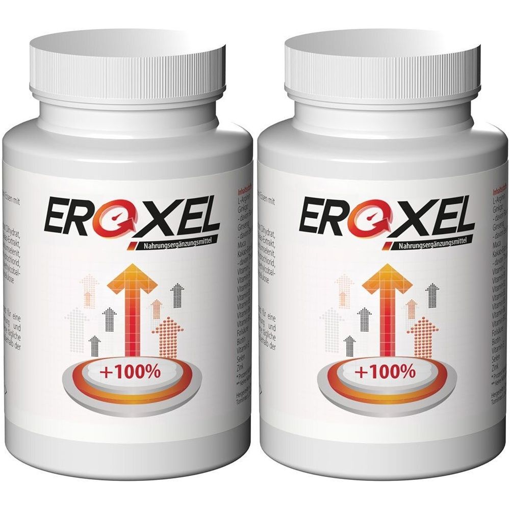 Zwei weiße Flaschen mit dem Produktnamen EROXEL. Auf jeder Flasche befindet sich ein Etikett mit Pfeilgrafik und der Aufschrift +100%.